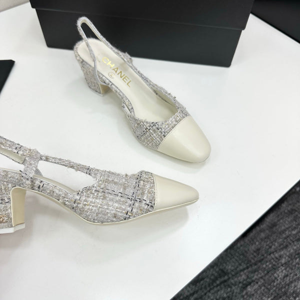 CC 25SS Classic Slingbacks 6cm High Heel White Tweed Cowhide 490182