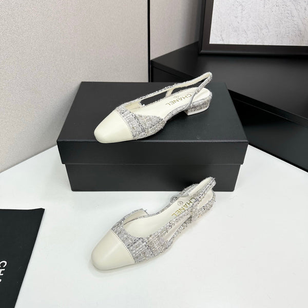 CC 25SS Classic Slingbacks Flats White Tweed Cowhide 490181
