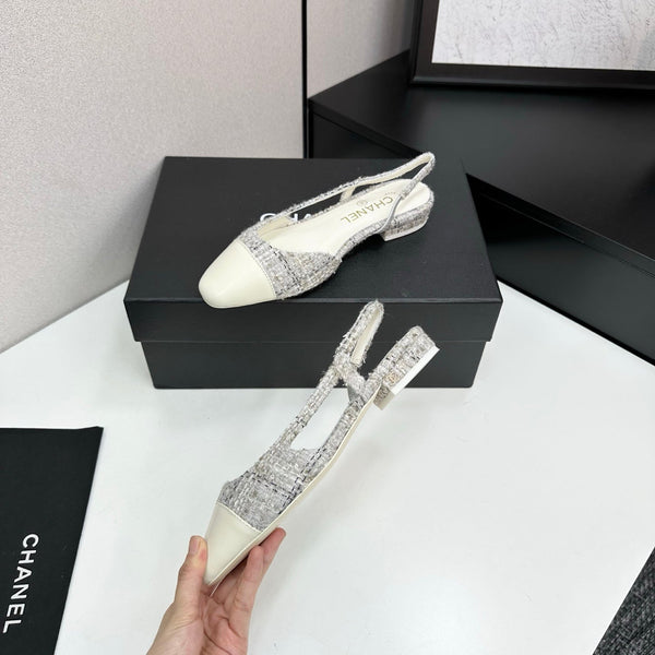 CC 25SS Classic Slingbacks Flats White Tweed Cowhide 490181