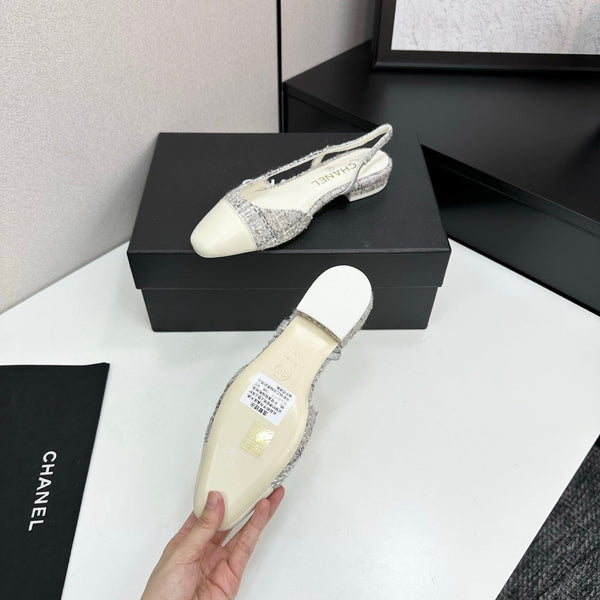 CC 25SS Classic Slingbacks Flats White Tweed Cowhide 490181