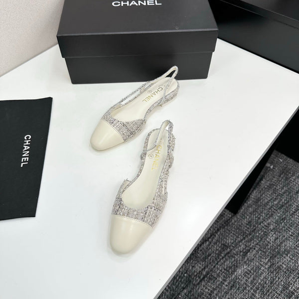CC 25SS Classic Slingbacks Flats White Tweed Cowhide 490181