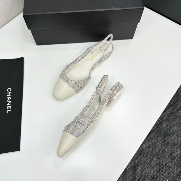 CC 25SS Classic Slingbacks Flats White Tweed Cowhide 490181