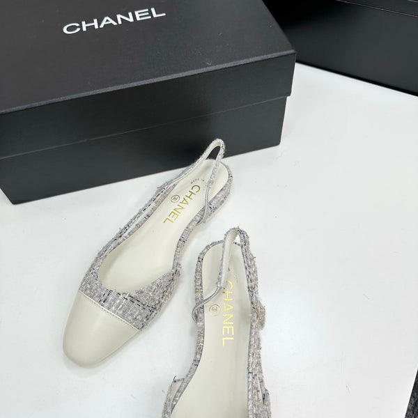 CC 25SS Classic Slingbacks Flats White Tweed Cowhide 490181