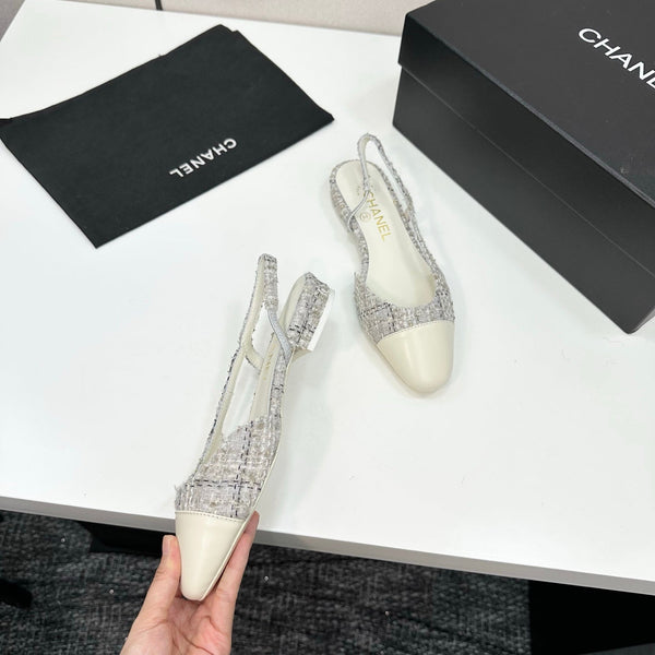 CC 25SS Classic Slingbacks Flats White Tweed Cowhide 490181