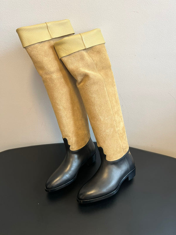 CC 25FW Suede Colorblock Slip-On Cavalier Mid-Large Boots Black and Brown Calfskin 489938