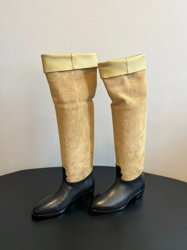 CC 25FW Suede Colorblock Slip-On Cavalier Mid-Large Boots Black and Brown Calfskin 489938