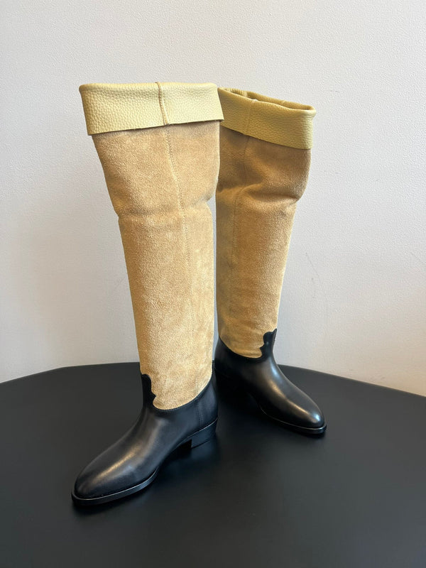 CC 25FW Suede Colorblock Slip-On Cavalier Mid-Large Boots Black and Brown Calfskin 489938