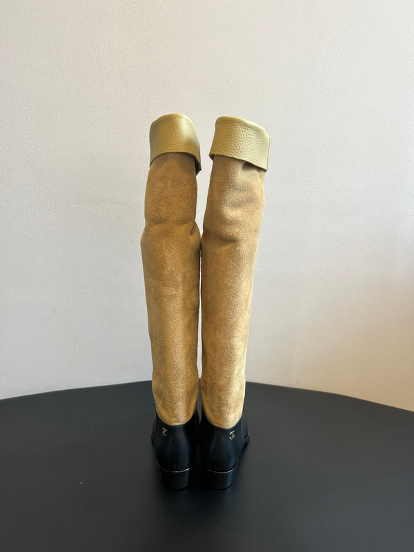 CC 25FW Suede Colorblock Slip-On Cavalier Mid-Large Boots Black and Brown Calfskin 489938