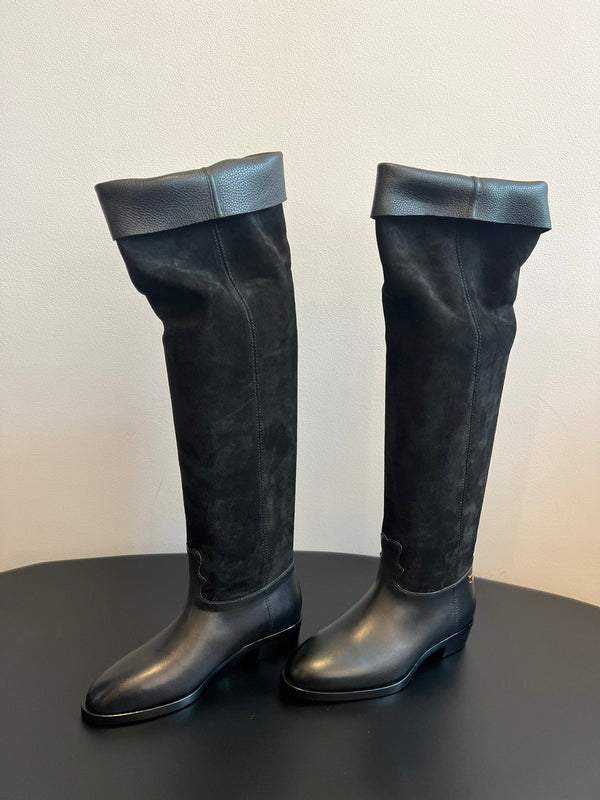 CC 25FW Suede Colorblock Slip-On Cavalier Mid-Large Boots Black Calfskin 489935