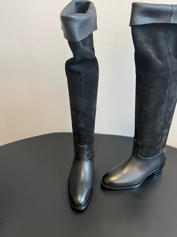 CC 25FW Suede Colorblock Slip-On Cavalier Mid-Large Boots Black Calfskin 489935