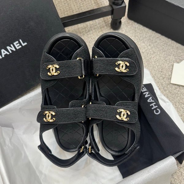 CC 25B Thick-Sole Casual Sandals with Velcro Black Fabric 489314