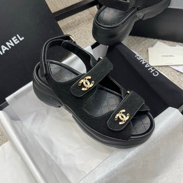 CC 25B Thick-Sole Casual Sandals with Velcro Black Fabric 489314