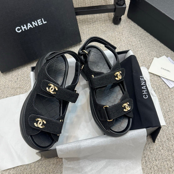 CC 25B Thick-Sole Casual Sandals with Velcro Black Fabric 489314