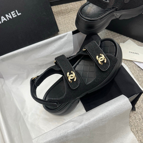 CC 25B Thick-Sole Casual Sandals with Velcro Black Fabric 489314