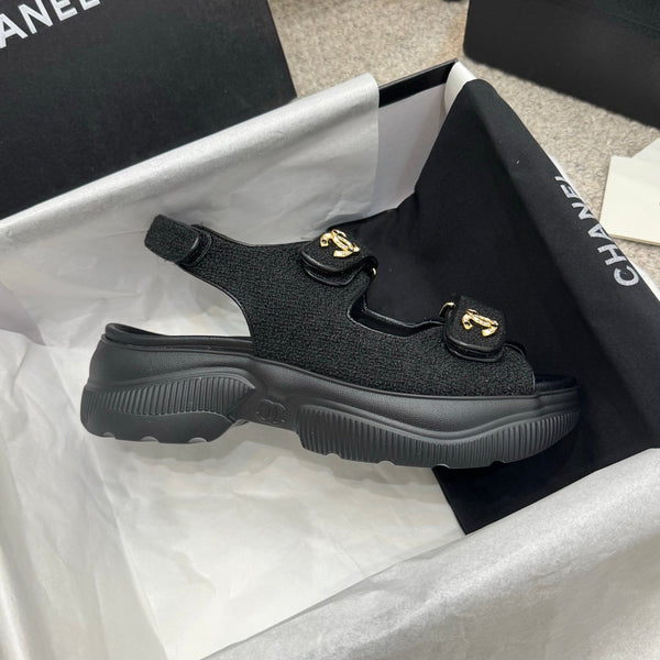 CC 25B Thick-Sole Casual Sandals with Velcro Black Fabric 489314