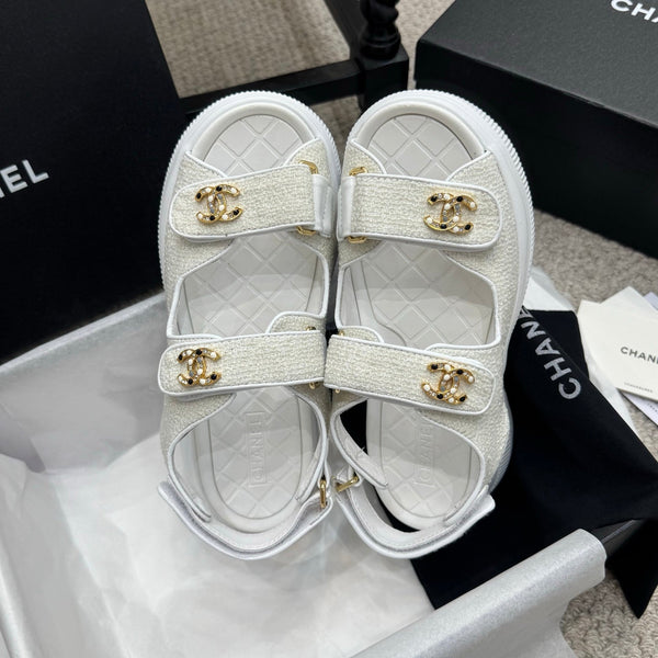 CC 25B Thick-Sole Casual Sandals with Velcro White Fabric 489313