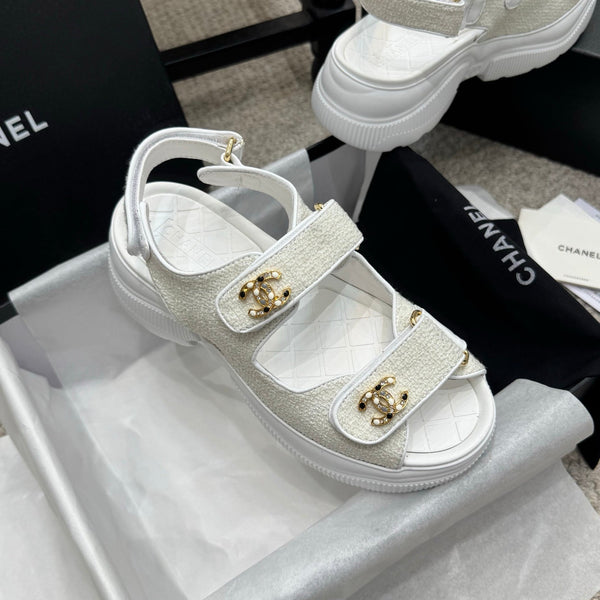 CC 25B Thick-Sole Casual Sandals with Velcro White Fabric 489313