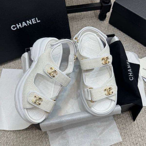 CC 25B Thick-Sole Casual Sandals with Velcro White Fabric 489313