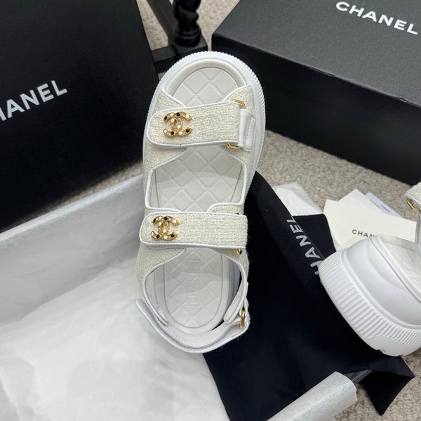 CC 25B Thick-Sole Casual Sandals with Velcro White Fabric 489313