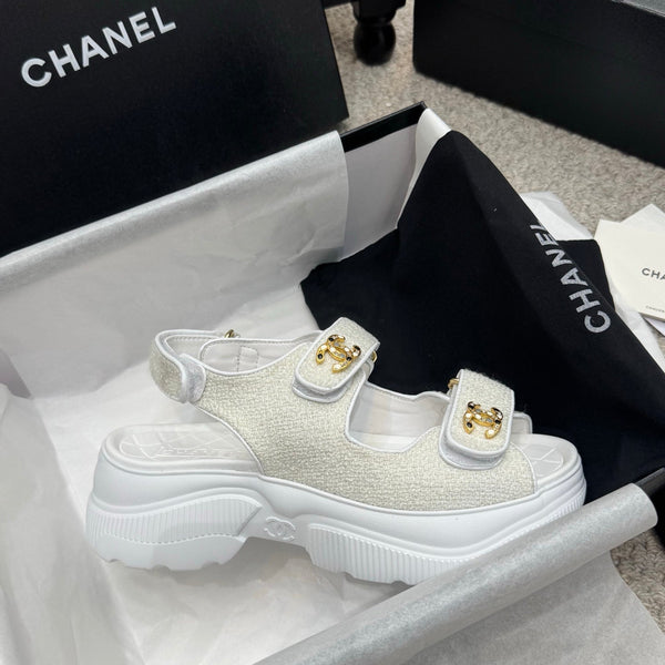 CC 25B Thick-Sole Casual Sandals with Velcro White Fabric 489313