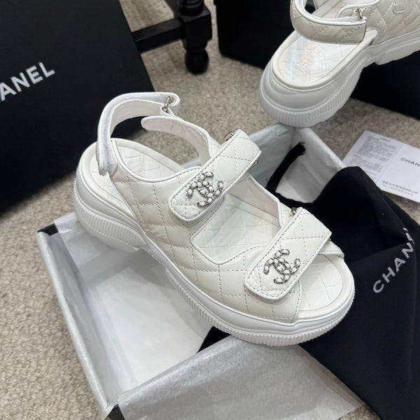 CC 25B Thick-Sole Casual Sandals with Velcro White Leather 489311