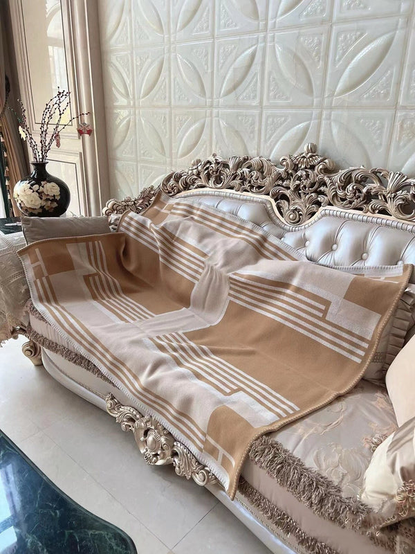 HM Ithaque Blanket 175cm Brown Beige Jacquard Wool and Cashmere