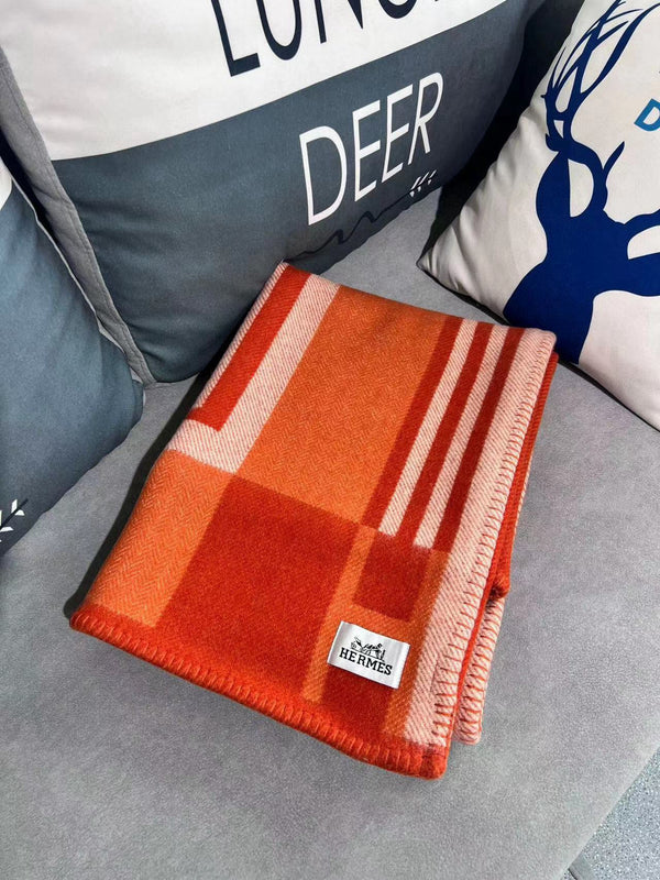HM Ithaque Blanket 175cm Red Orange Jacquard Wool and Cashmere