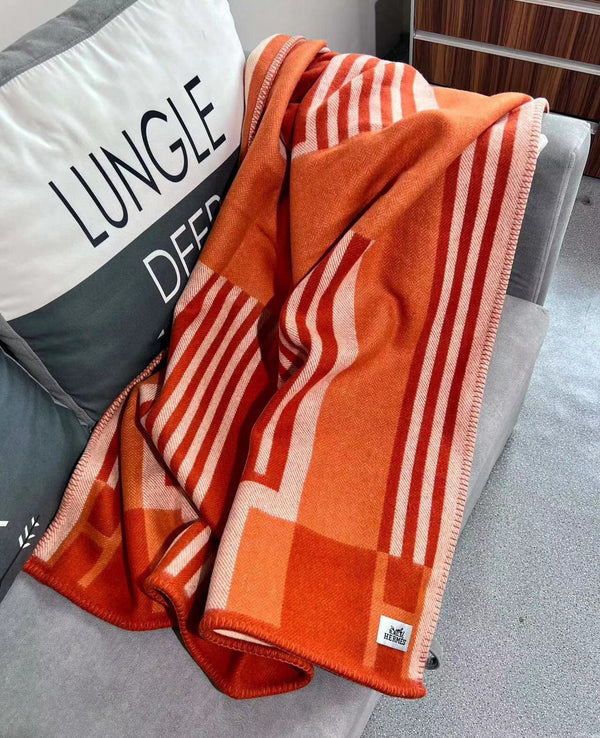 HM Ithaque Blanket 175cm Red Orange Jacquard Wool and Cashmere