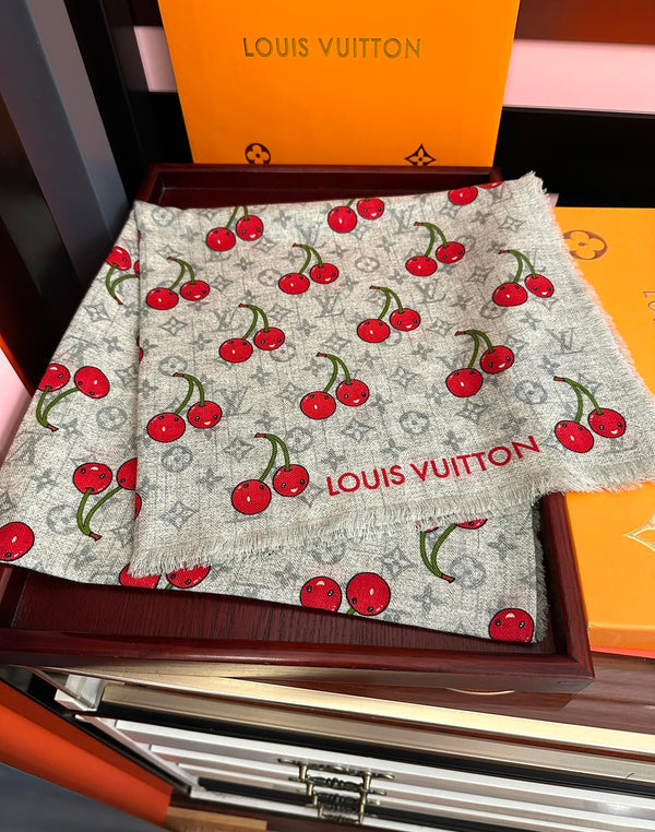 LV Double-Sided Cherry Square Scarf 140cm Gray Silk Cashmere 839717