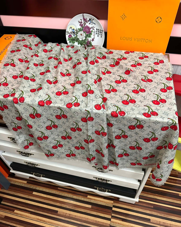 LV Double-Sided Cherry Square Scarf 140cm Gray Silk Cashmere 839717