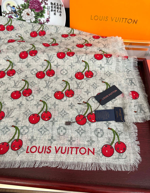 LV Double-Sided Cherry Square Scarf 140cm Gray Silk Cashmere 839717