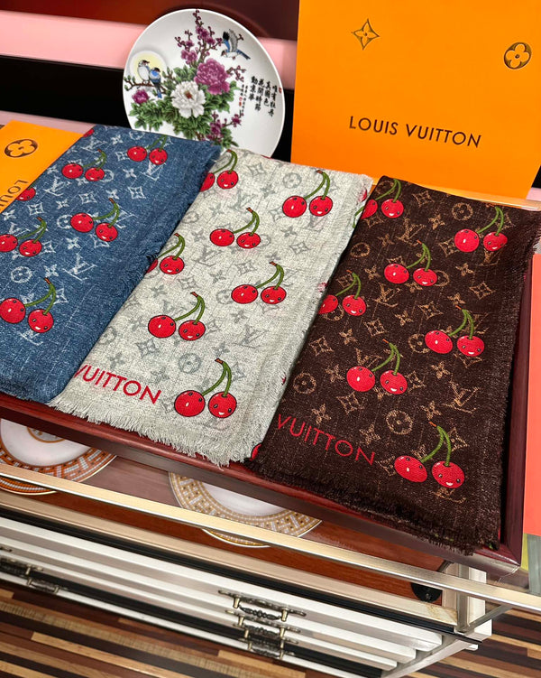 LV Double-Sided Cherry Square Scarf 140cm Blue Silk Cashmere 839716