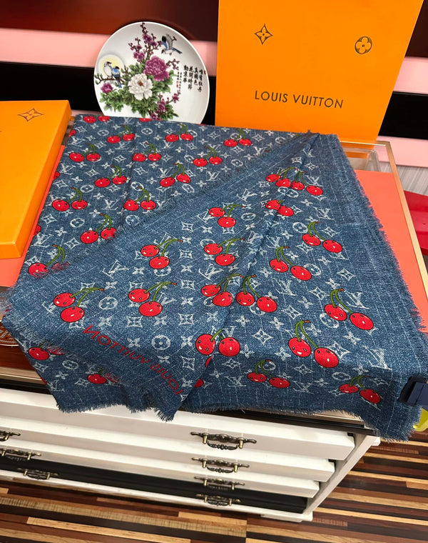 LV Double-Sided Cherry Square Scarf 140cm Blue Silk Cashmere 839716