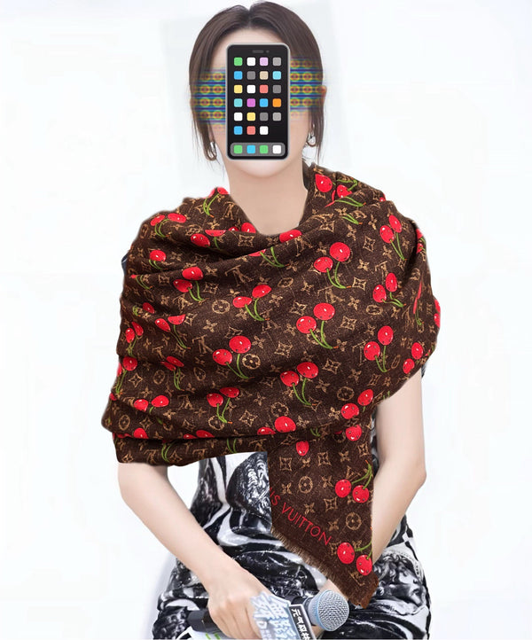 LV Double-Sided Cherry Square Scarf 140cm Brown Silk Cashmere 839715