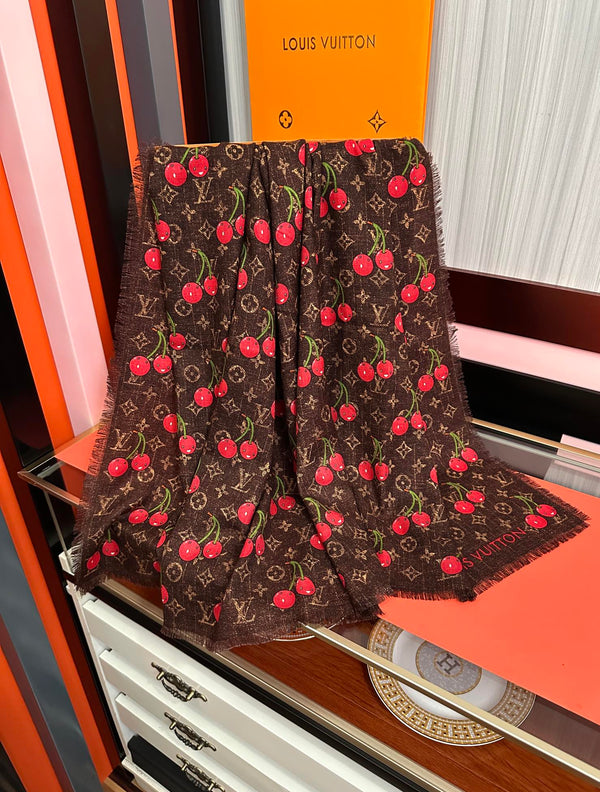 LV Double-Sided Cherry Square Scarf 140cm Brown Silk Cashmere 839715