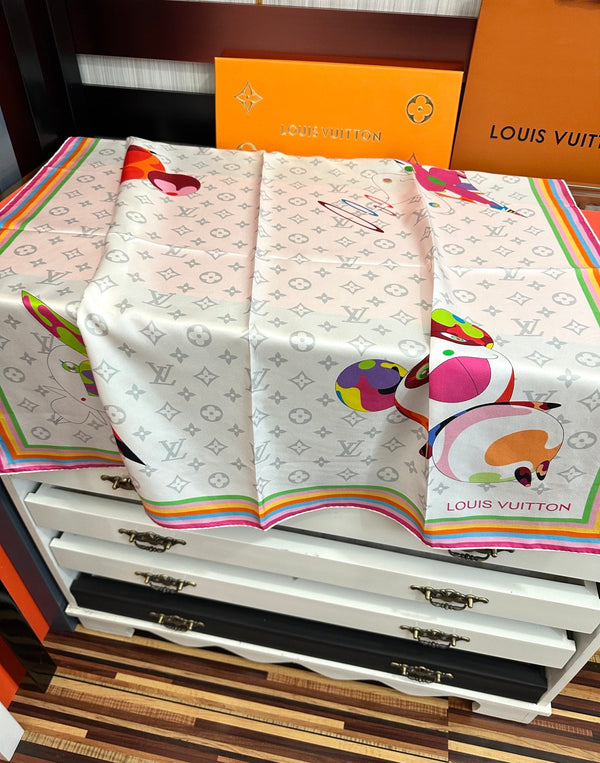 LV Double-Sided Square Scarf 90cm White Silk 839686