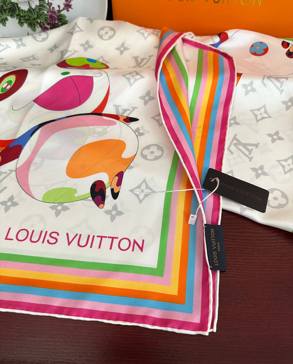 LV Double-Sided Square Scarf 90cm White Silk 839686