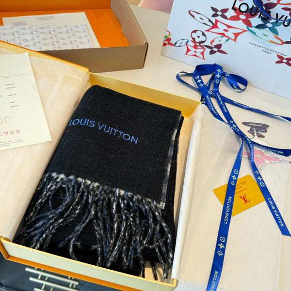 LV Double-Sided Plaid Scarf Black Wool Cashmere 839567