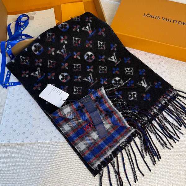 LV Double-Sided Gradient Plaid Scarf Black Wool Cashmere 839549