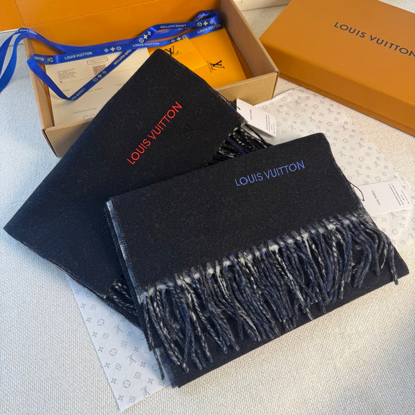 LV Double-Sided Gradient Plaid Scarf Black Wool Cashmere 839548