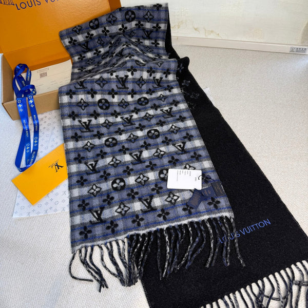 LV Double-Sided Gradient Plaid Scarf Black Wool Cashmere 839548