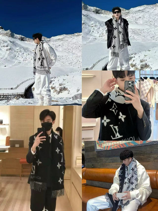 LV Reykjavik Scarf 170cm Black Gray Cashmere 839547