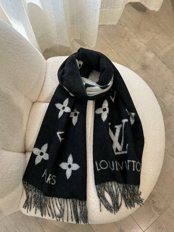 LV Reykjavik Scarf 170cm Black Gray Cashmere 839547
