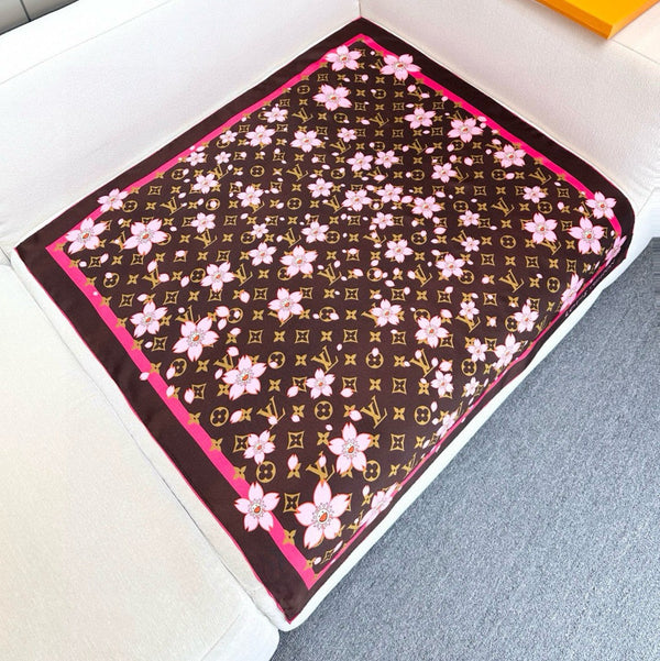 LV x TM MONOGRAM CHERRY BLOSSOM DOUBLE-SIDED BLACK SILK SCARF 839487