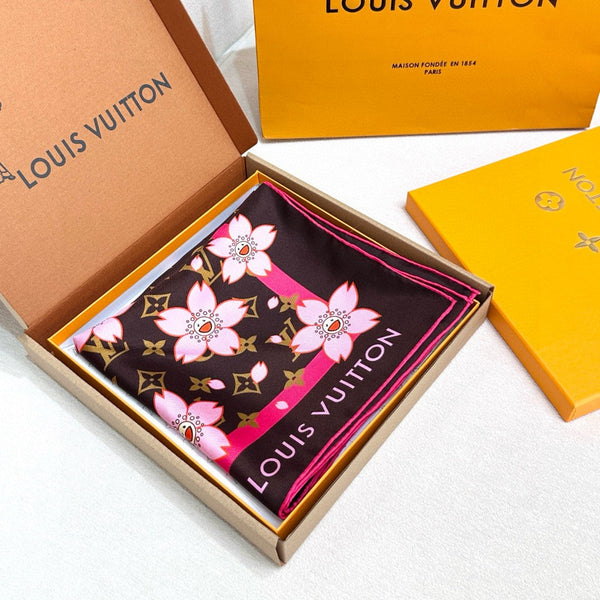 LV x TM MONOGRAM CHERRY BLOSSOM DOUBLE-SIDED BLACK SILK SCARF 839487