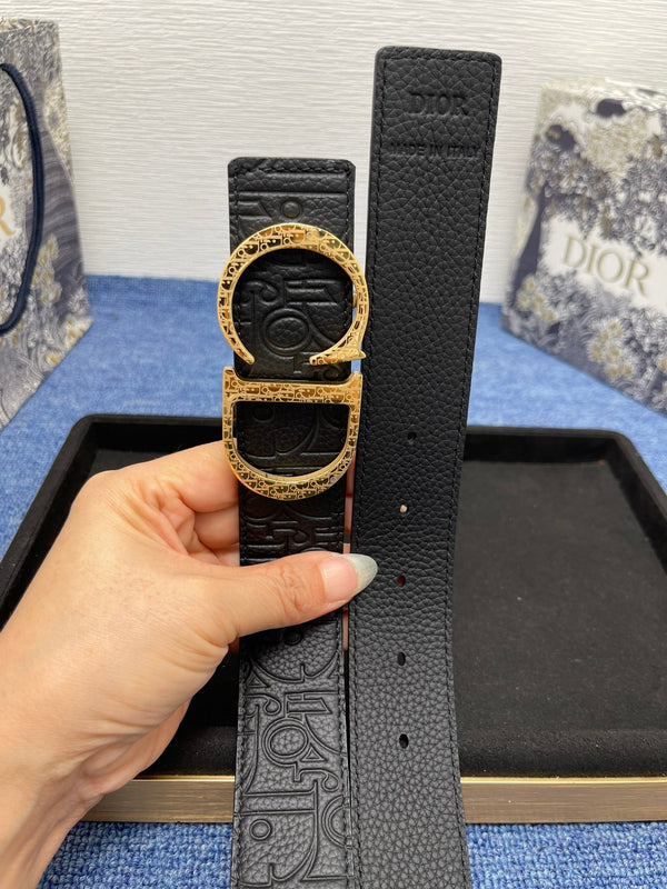 CD Belt 35mm Kumo Cannage Pattern Black Leather Gold Buckle