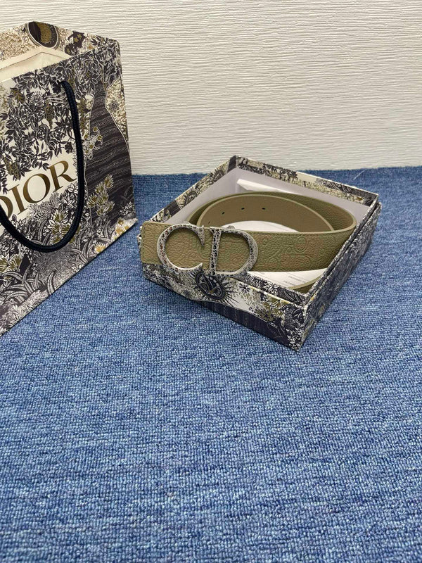 CD Belt 35mm Kumo Cannage Pattern Olive Green Leather Silver Buckle