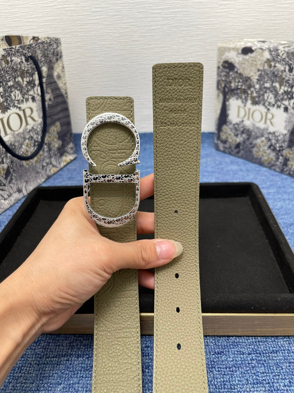 CD Belt 35mm Kumo Cannage Pattern Olive Green Leather Silver Buckle