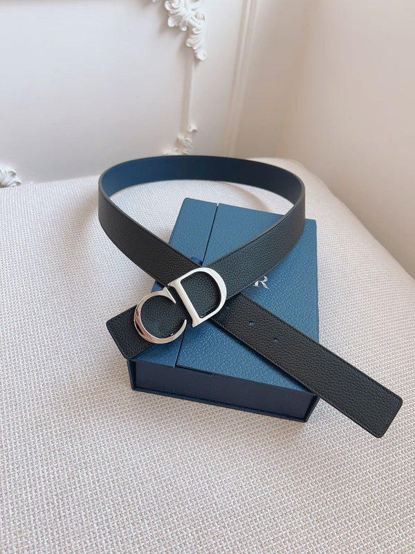 CD Belt 35mm Black Blue Leather Silver Logo Buckle