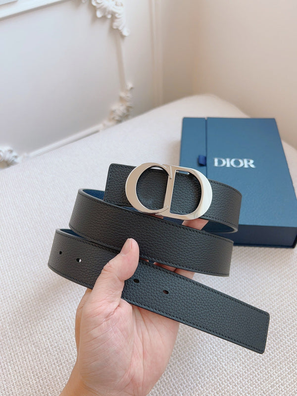 CD Belt 35mm Black Blue Leather Silver Buckle